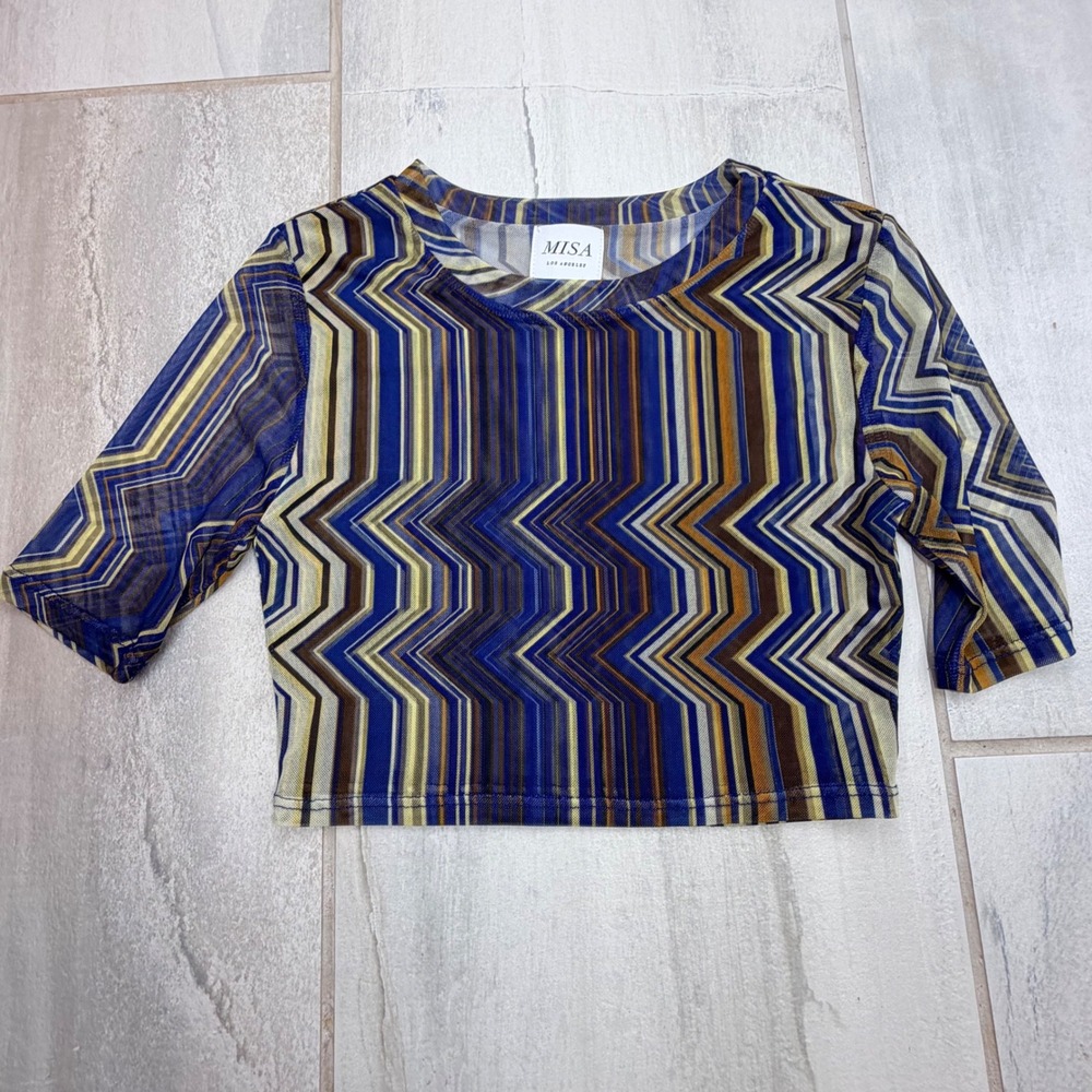 MISA Los Angeles Blue Multi Chevron Zigzag Mesh Crop Top XXS